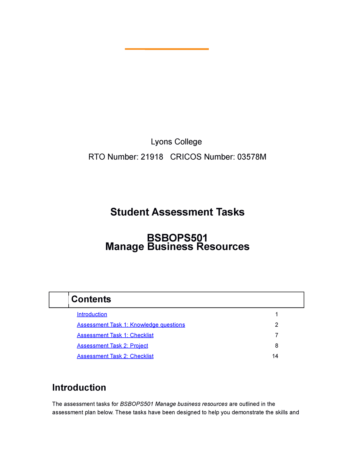 TASK 1 - Bsbops 501 Student Assessment Ddd - Lyons College RTO Number ...