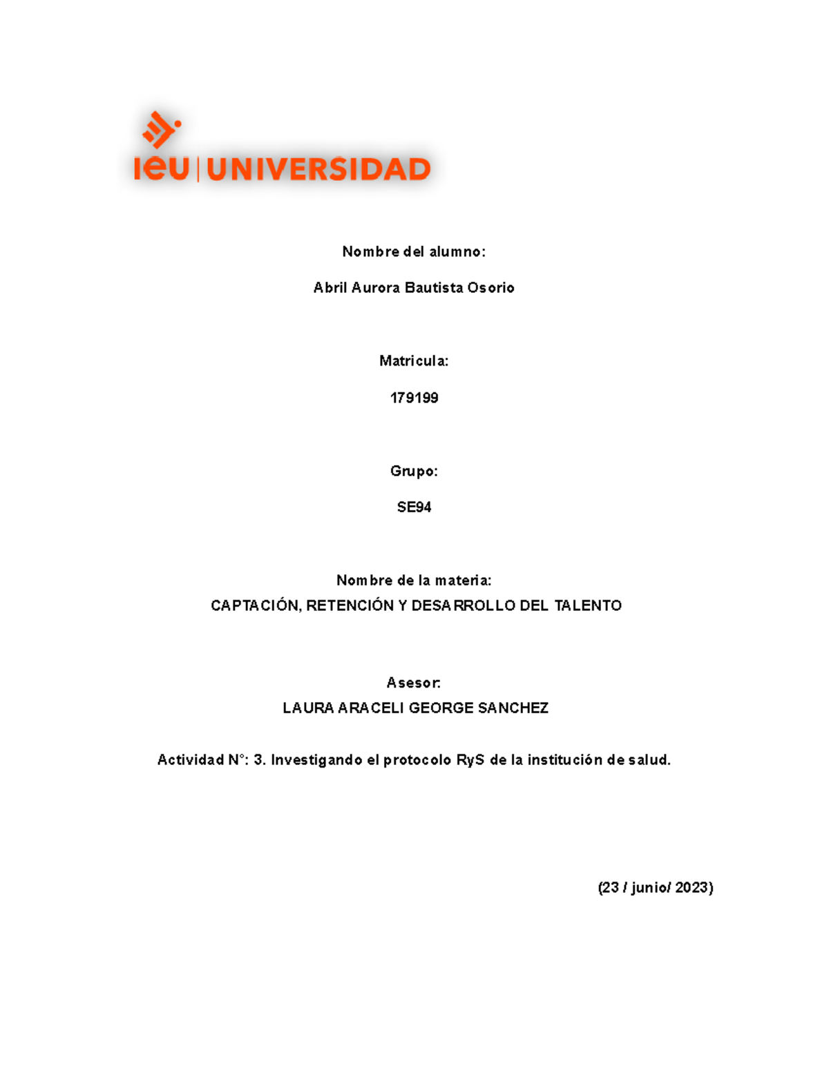 3A ACT. Junio protocolo de reclutamiento y seleccion - Nombre del ...