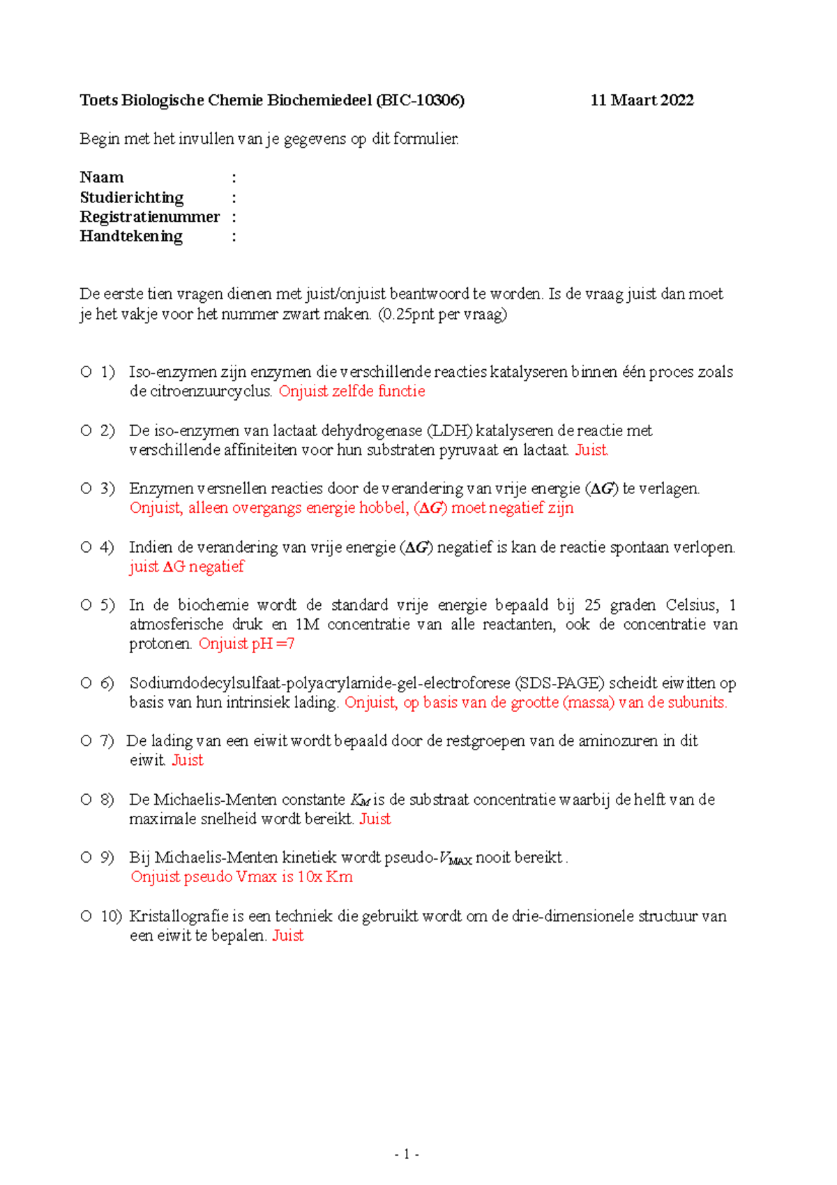 BIC10306 Biochemie Deeltoets 11maart 2022 Met Antwoordsleutel - Toets ...