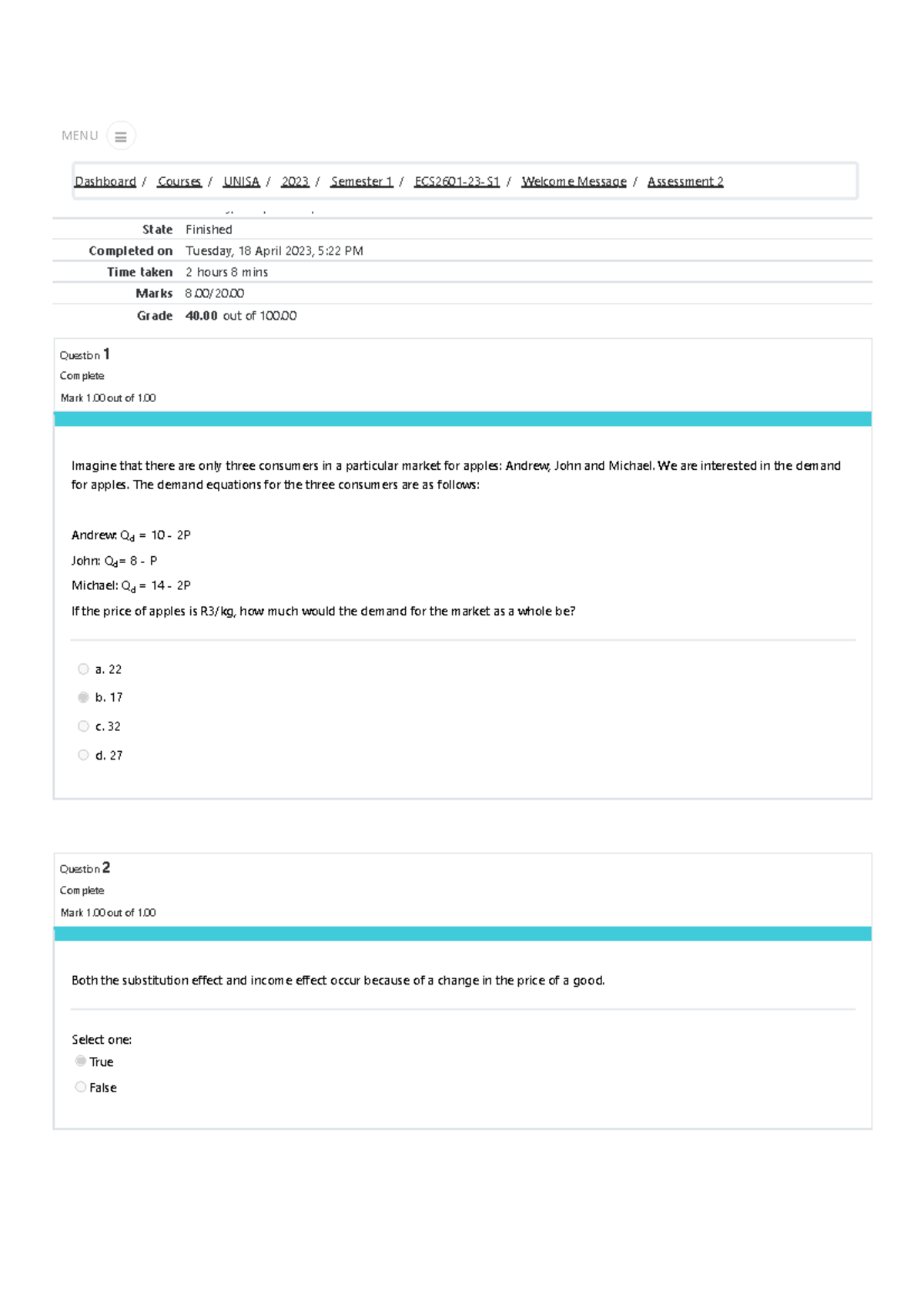 Assessment 2 Attempt review - Started on Tuesday, 18 April 2023, 3:13 ...