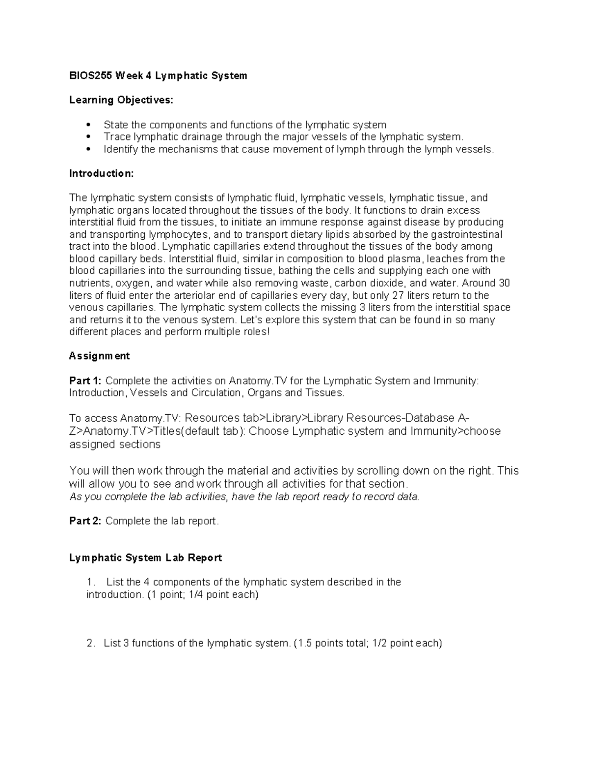 Final LABS BIOS255 Labs BIOS255 Week 4 Lymphatic system - BIOS255 Week ...