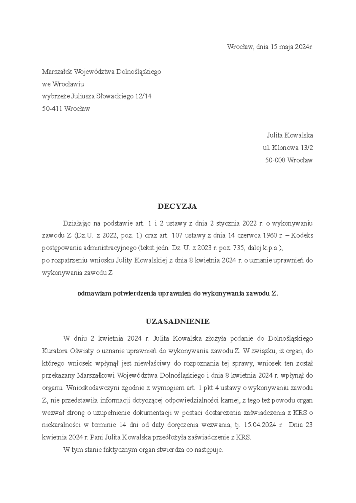 Decyzja Administracyjna Przyk ad Dokumenty Google Wroc aw Dnia 15 