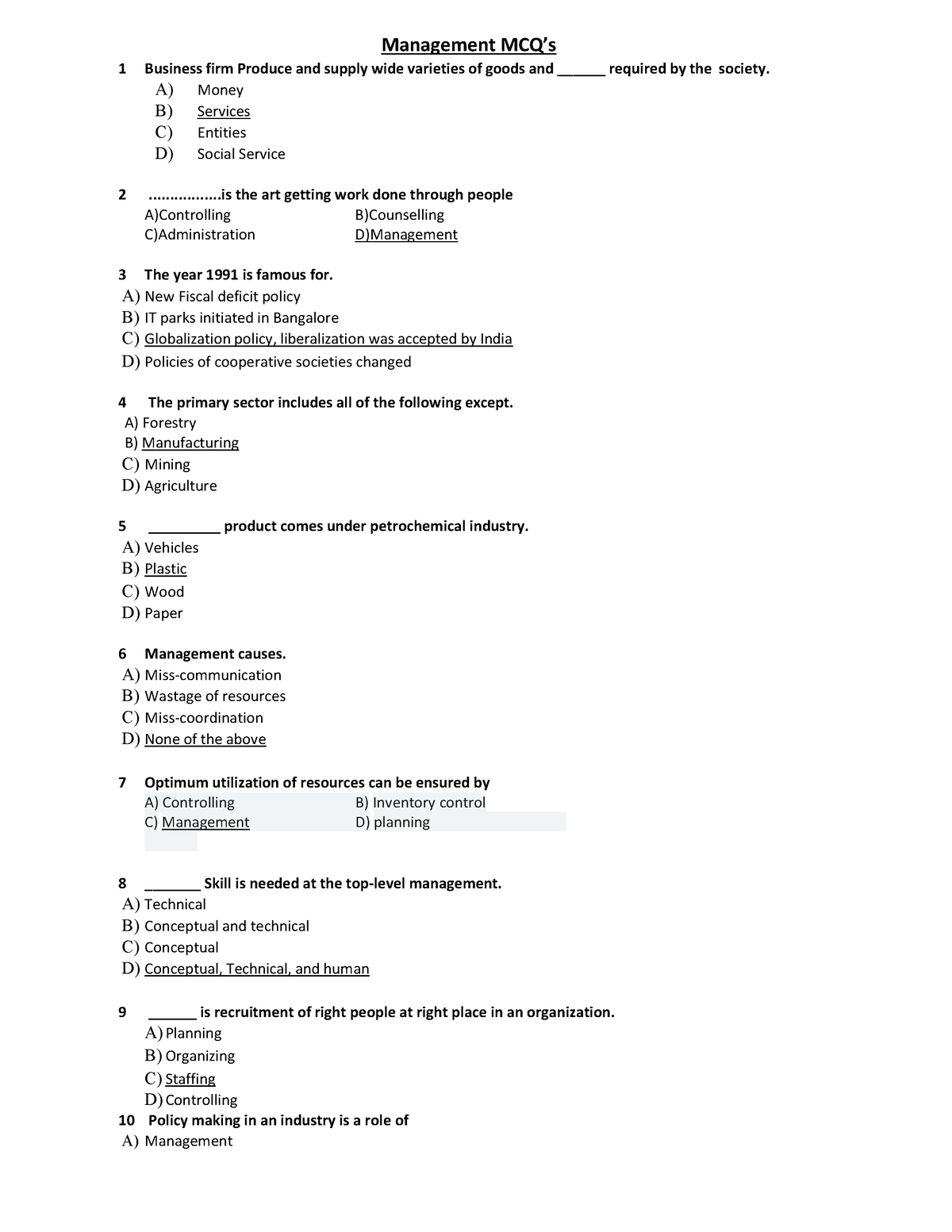 MAN IMP - Management MCQ’s 1 Business firm Produce and supply wide ...