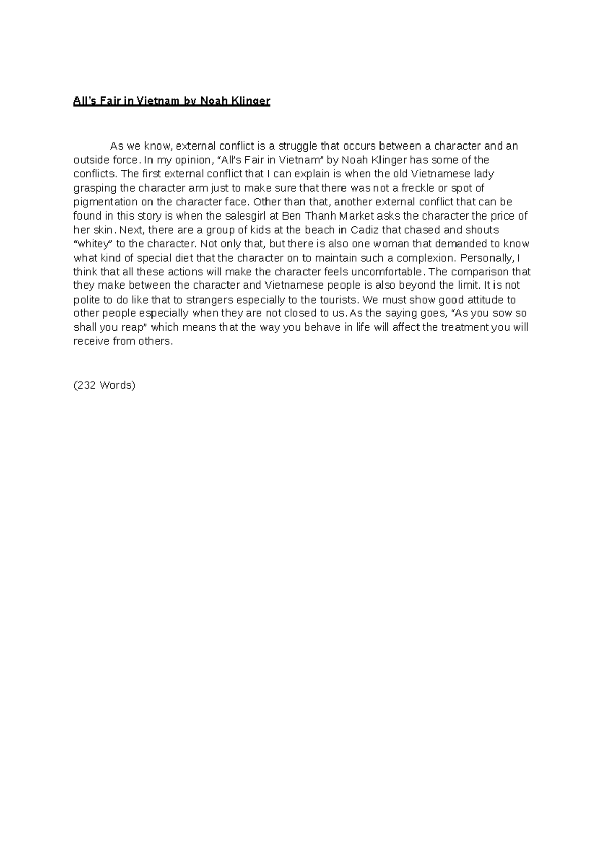 example of writing PRL answer - All’s Fair in Vietnam by Noah Klinger ...