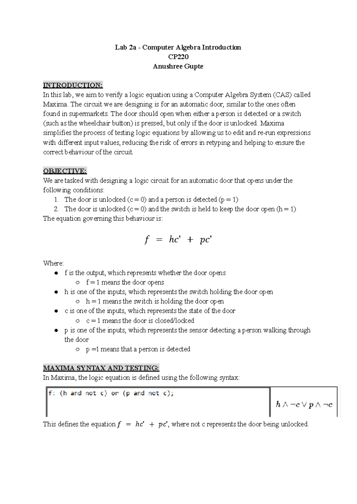 CP220 - Lab 2a - lab - Lab 2a - Computer Algebra Introduction CP ...