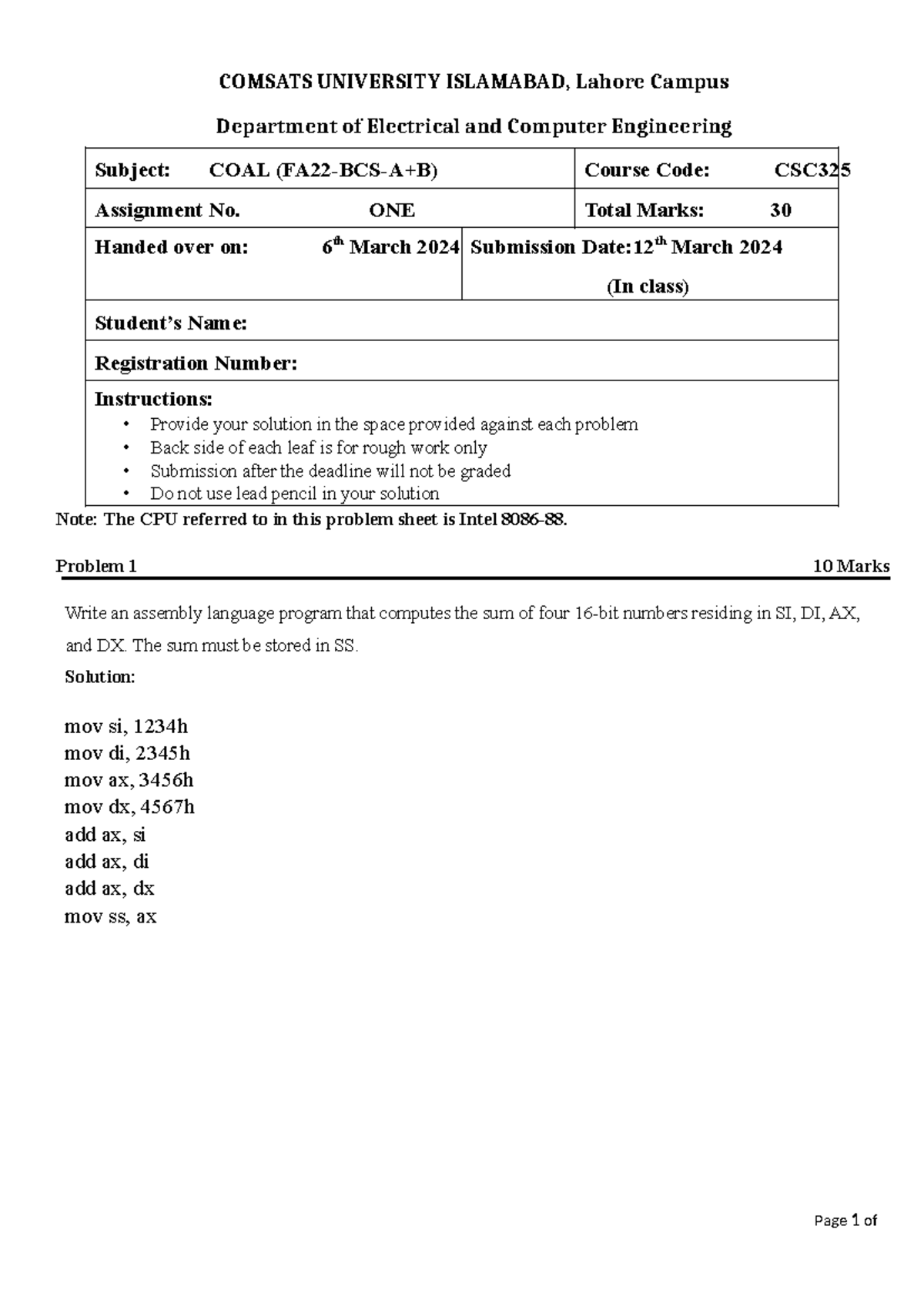 Assignment 1 - Assignmant - COMSATS UNIVERSITY ISLAMABAD, Lahore Campus ...