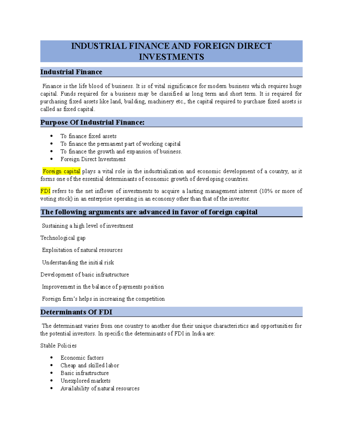 Industrial Finance AND Foreign Direct Investments INDUSTRIAL FINANCE