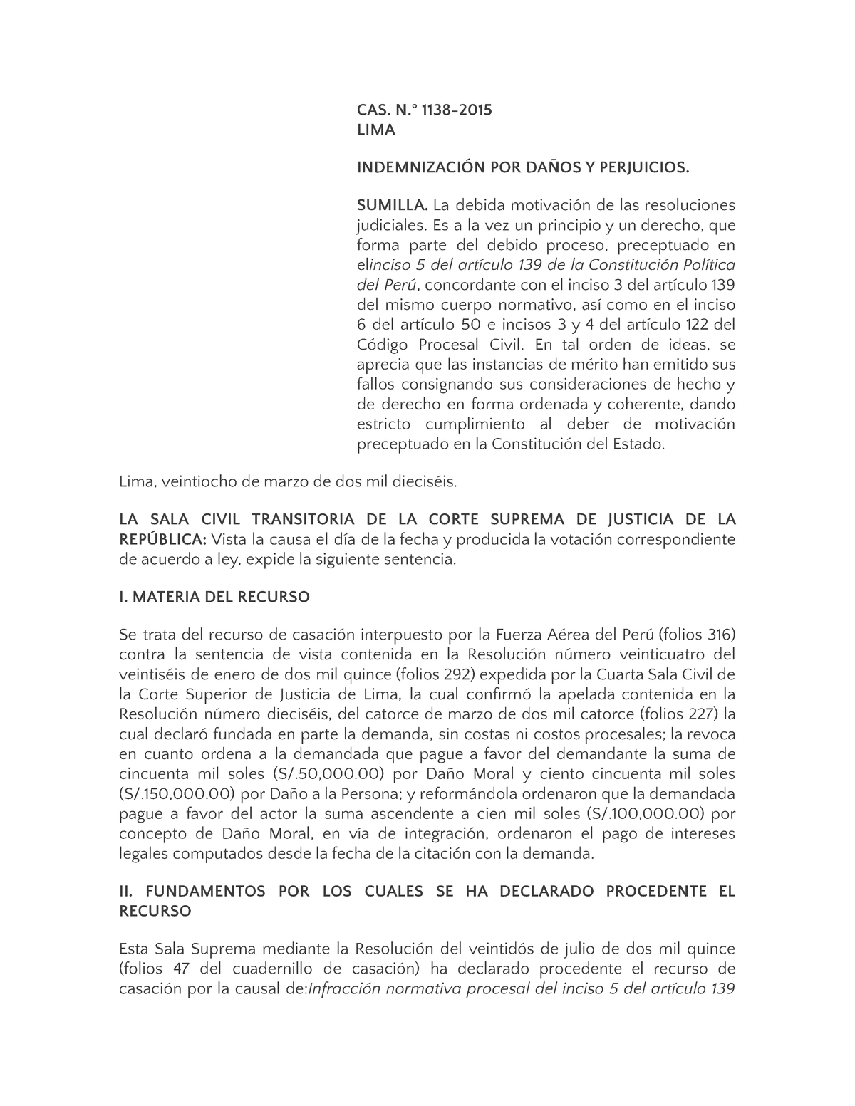 Casaciones 1138 Y 1852-2015 - CAS. N.° 1138- LIMA INDEMNIZACIÓN POR ...