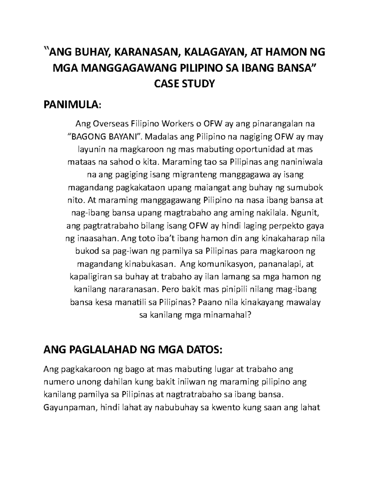 CASE Study - tl the world are you doing today - “ANG BUHAY, KARANASAN ...