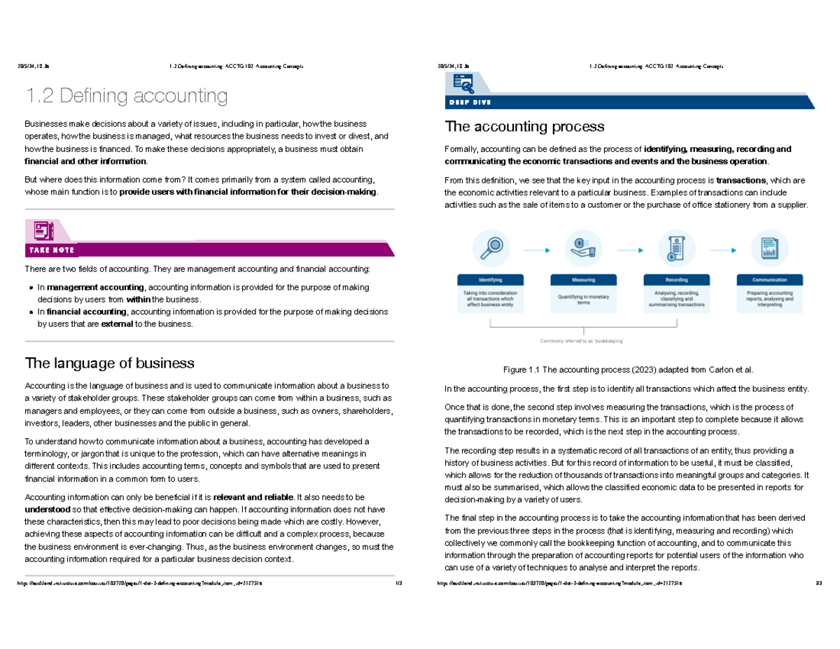 Module 1 - 1. 2 Defining accounting Businesses make decisions about a ...