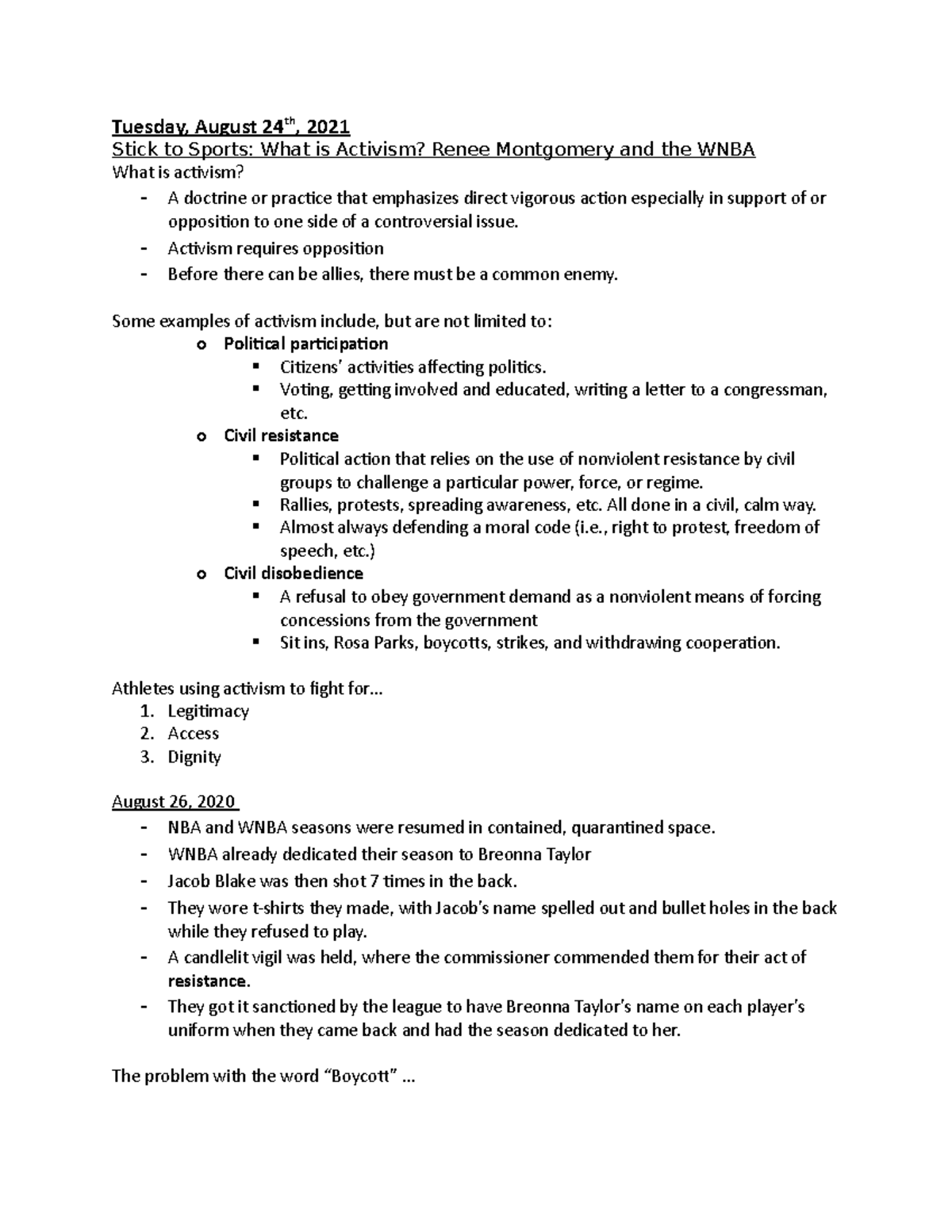 Jour 244 Sports Activism and Media Tuesday, August 24th, 2021 Stick