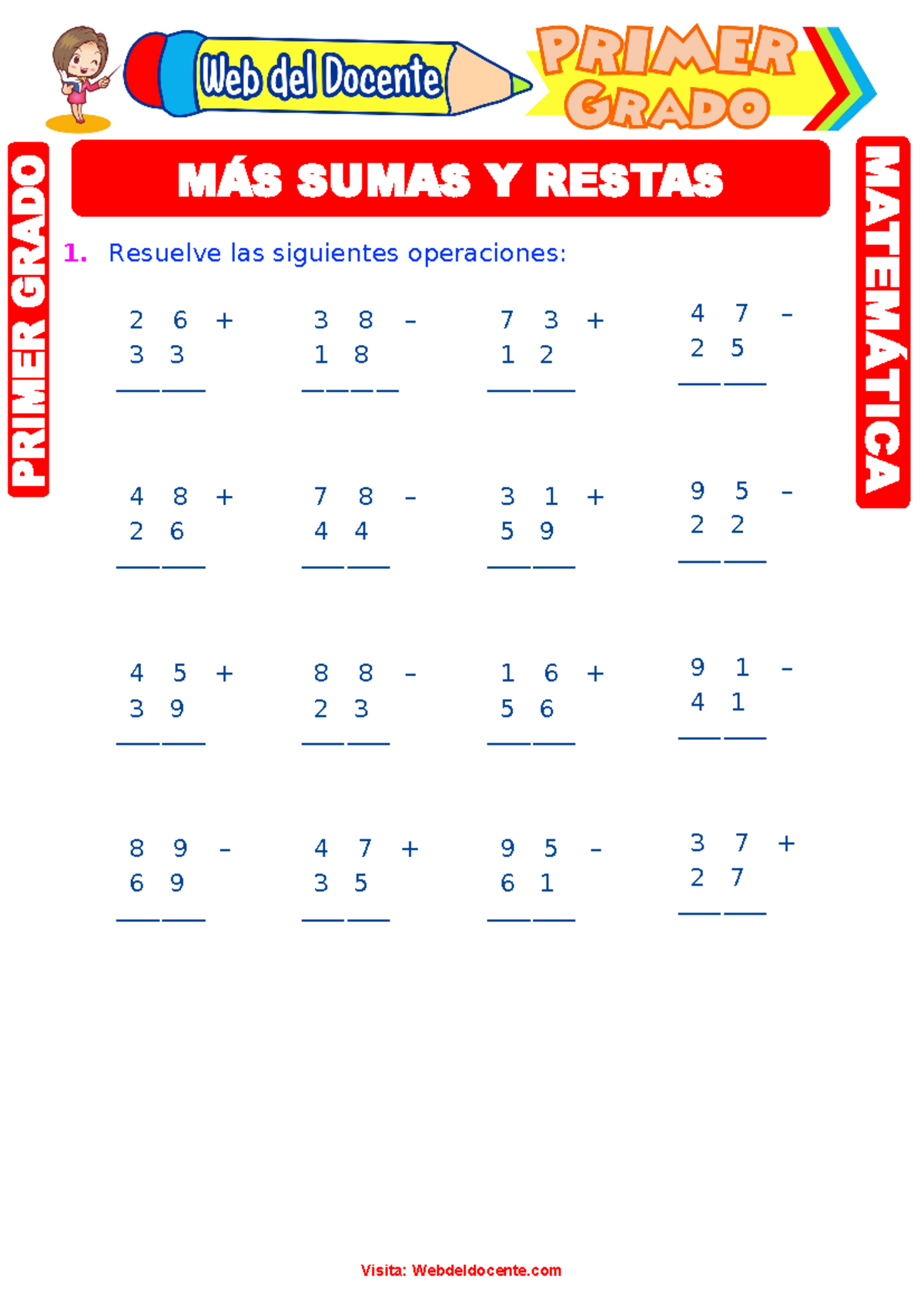 Ejercicios de Sumas y Restas para Primer Grado de Primaria - Resuelve ...