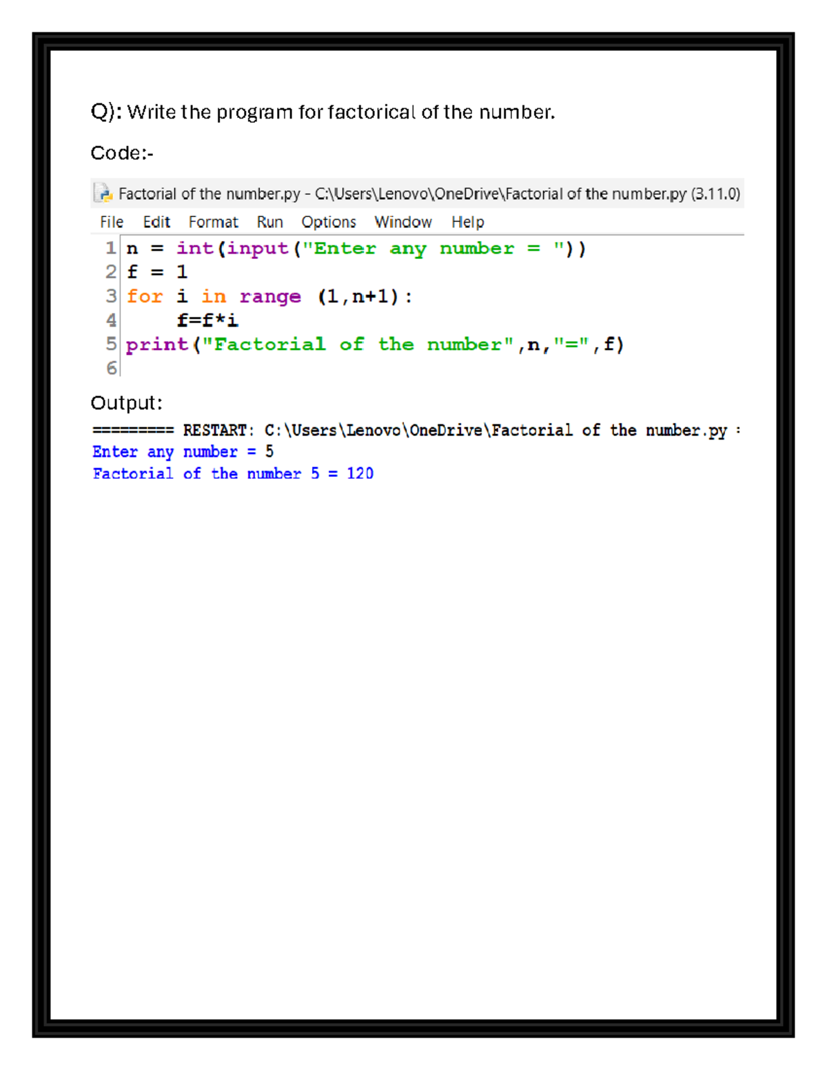 Doc1111 - Q): Write the program for factorical of the number. Code ...