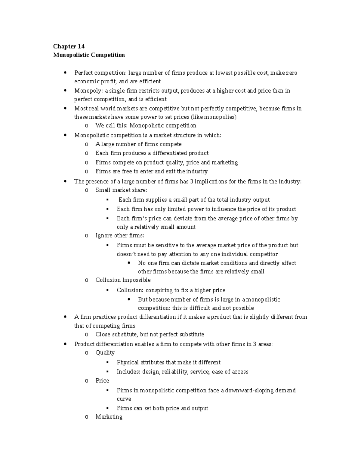 Chapter 14 Review Monopolistic Competition - Chapter 14 Monopolistic ...