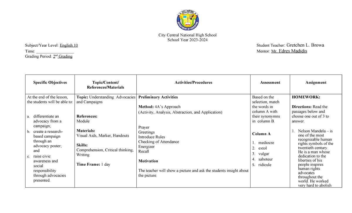 Module 1 Lp - Lesson Plan - City Central National High School School 