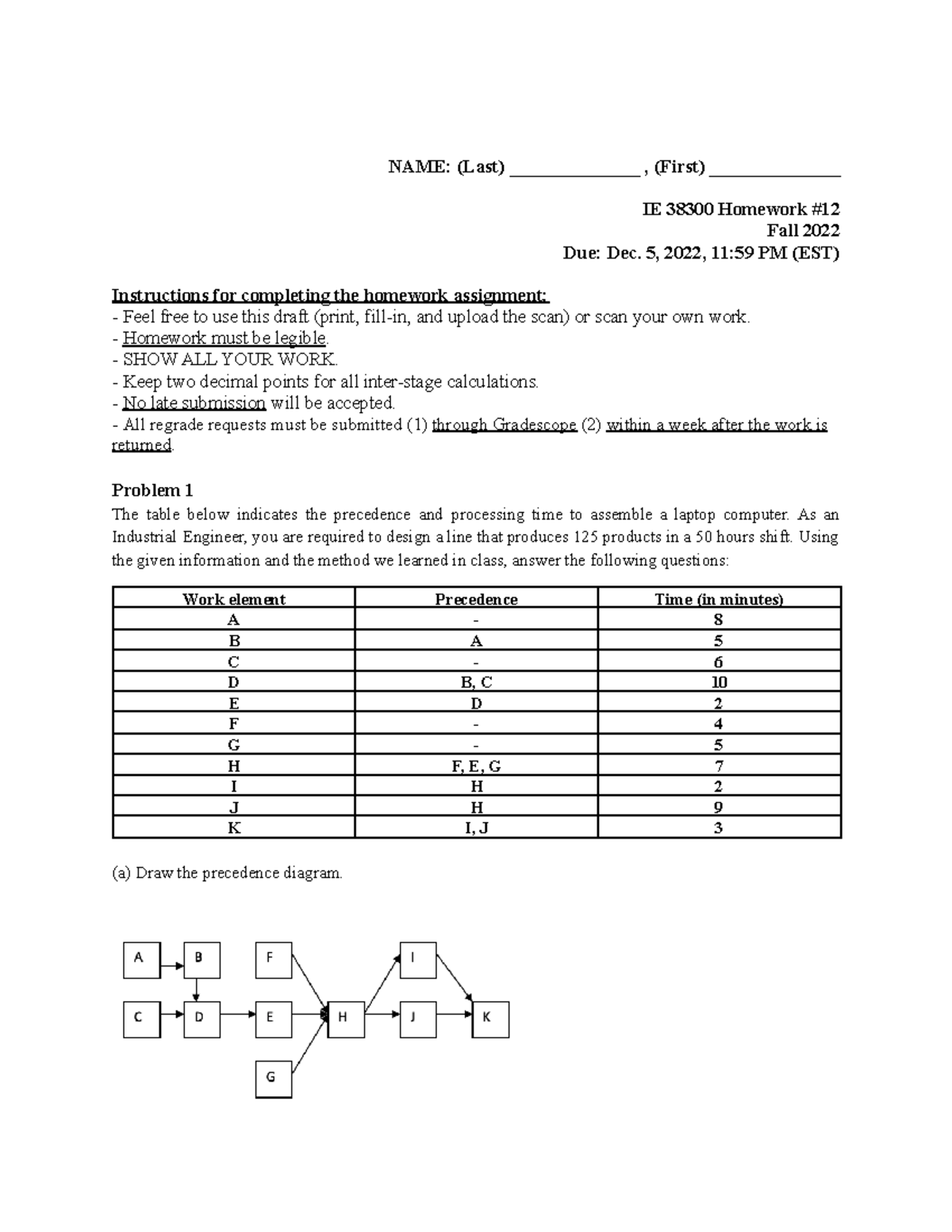 Solution Homework 12 Fall2022 IE38300 - NAME: (Last ...