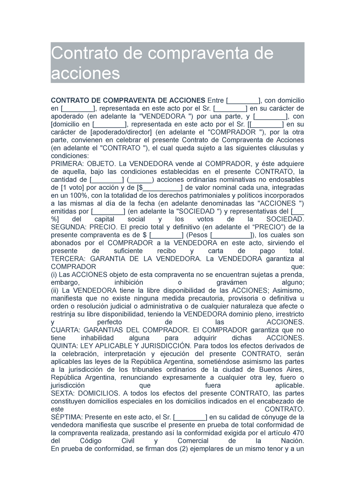 8 Contrato De Compraventa De Acciones Contrato De Compraventa De Acciones Contrato De 6483