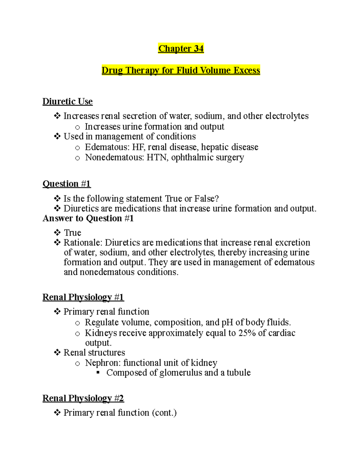 Pharm chapter 34 Chapter 34 Drug Therapy for Fluid Volume Excess