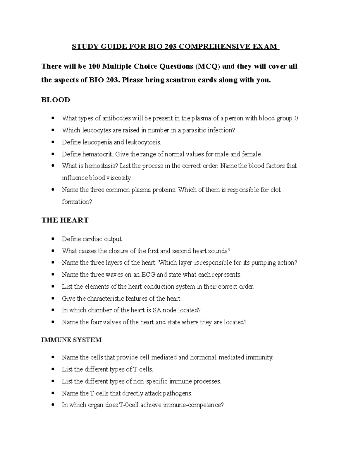 Study Guide FOR BIO 203 Comprehensive EXAM FALL 2018 (002) - STUDY ...