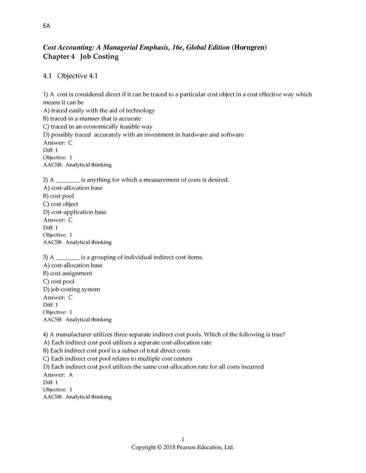 Test Bank Chapter 4 Job Costing - 1 Cost Accounting: A Managerial ...