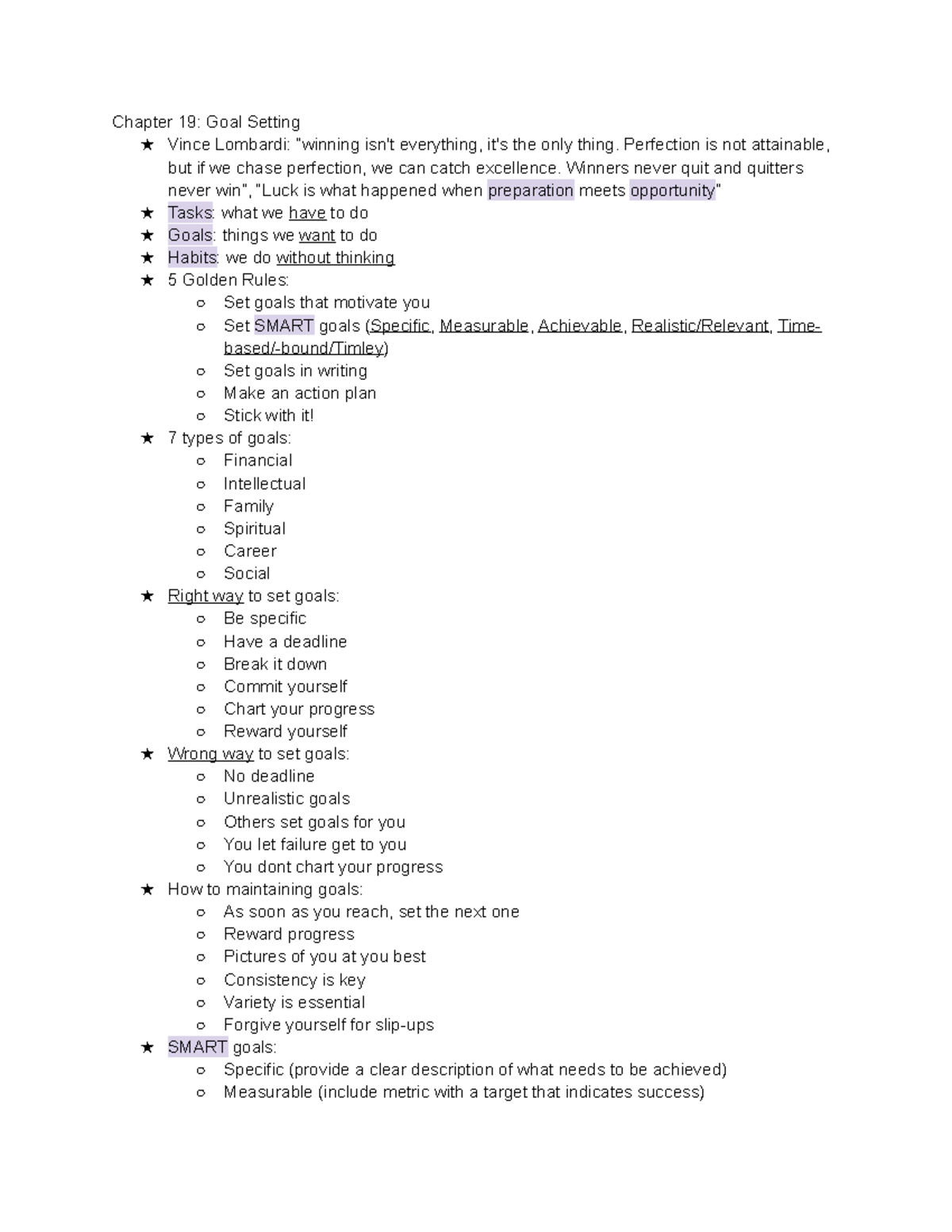 Chapter 19 Goal Setting notes - Chapter 19: Goal Setting ★ Vince ...