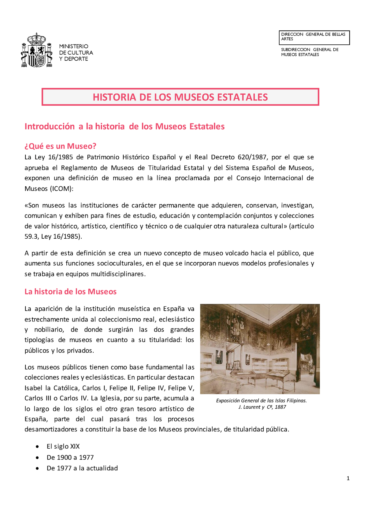Historia museos estatales y concepto museo - 1 HISTORIA DE LOS MUSEOS  ESTATALES Introducción a la - Studocu