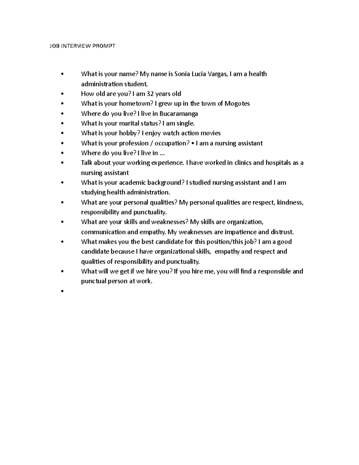 JOB Interview Prompt - trabajos - JOB INTERVIEW PROMPT What is your ...