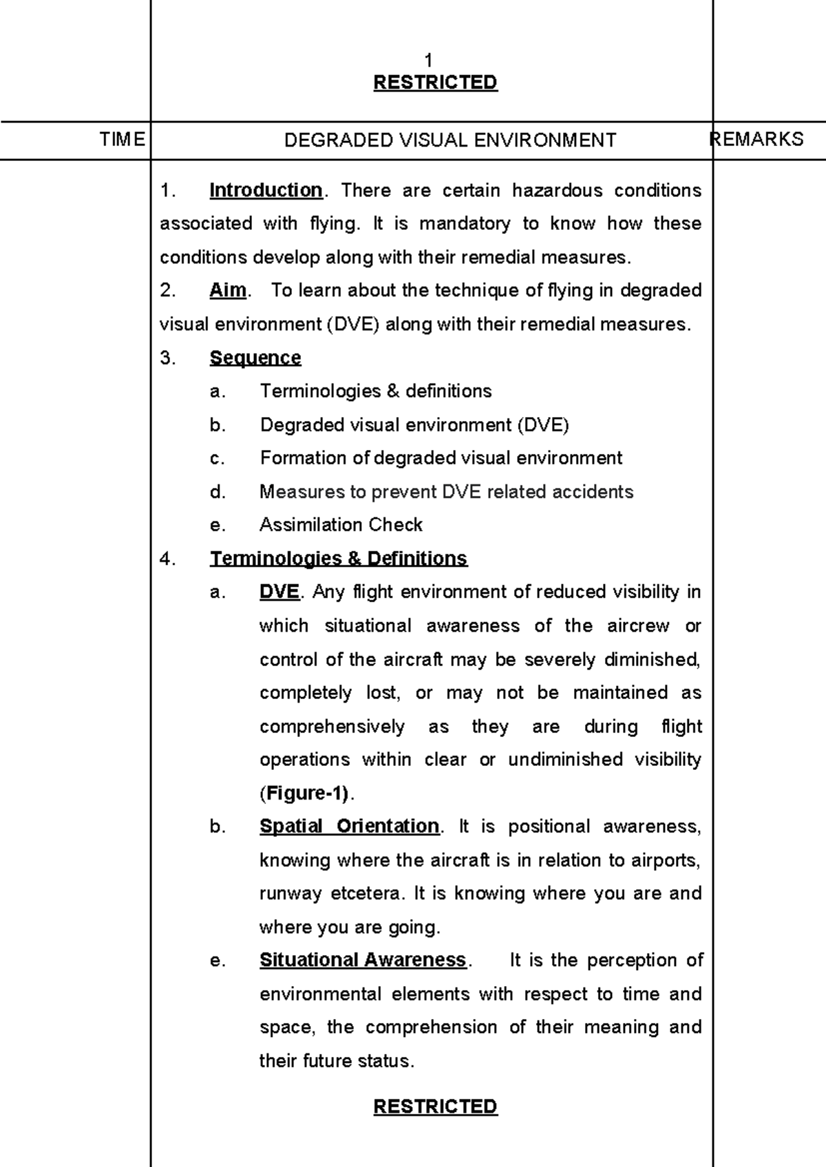 DVE - TIME DEGRADED VISUAL ENVIRONMENT REMARKS RESTRICTED Introduction ...