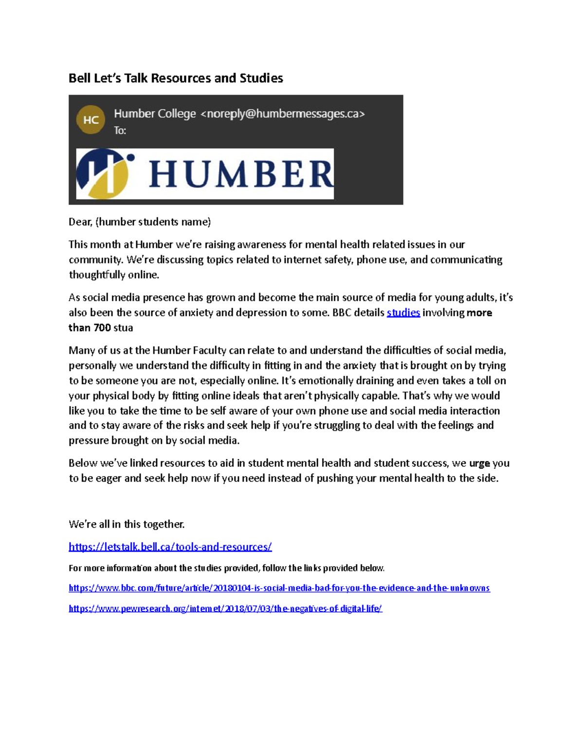Email Assignment - Copy - Bell Let’s Talk Resources and Studies Dear ...