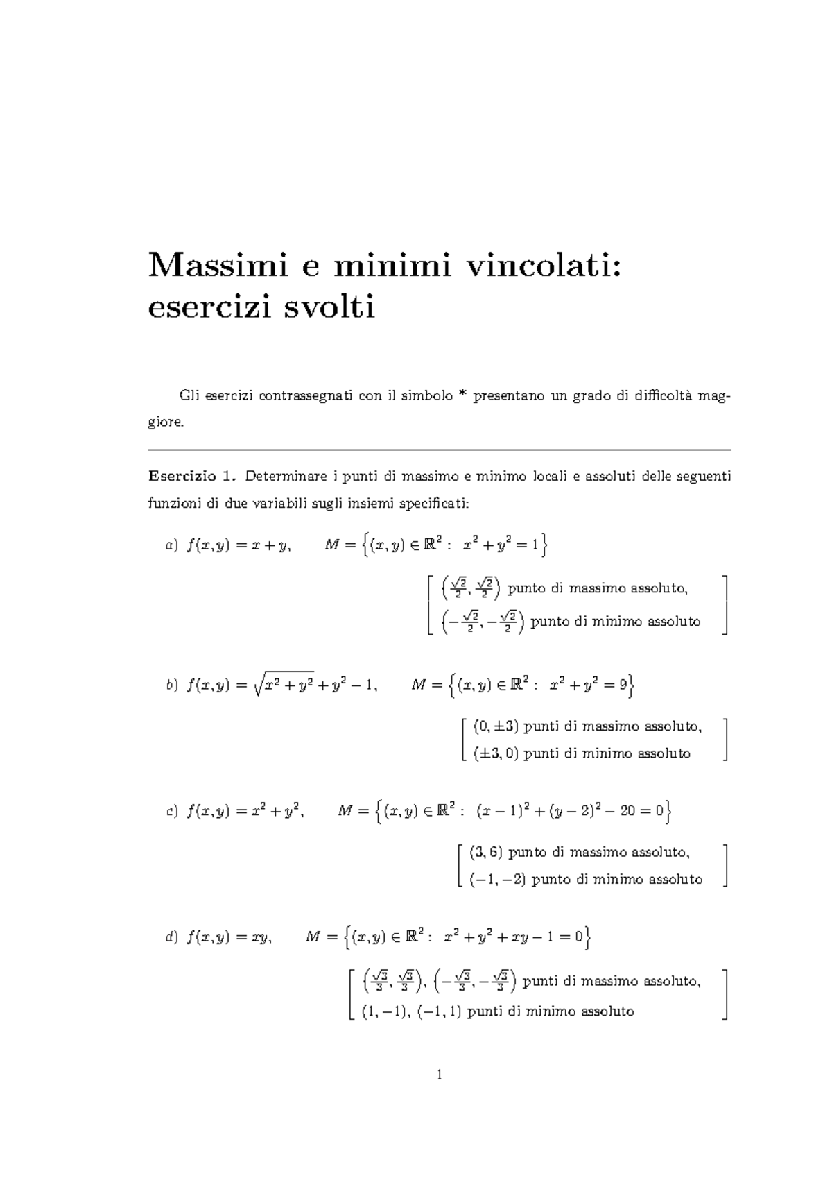 Esercizi Sui Massimi E Minimi Vincolati - Massimi E Minimi Vincolati ...