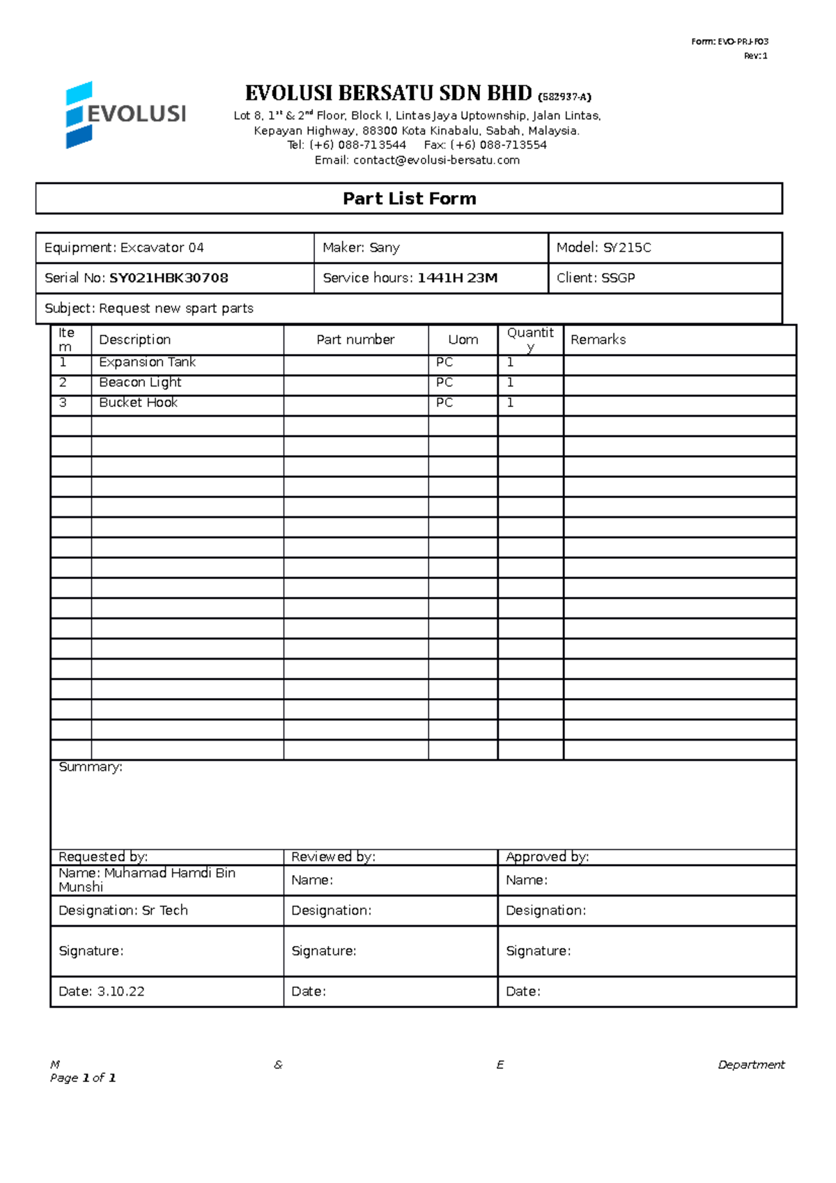 Partlist Excavator 04 3 - Part List Form Equipment: Excavator 04 Maker ...