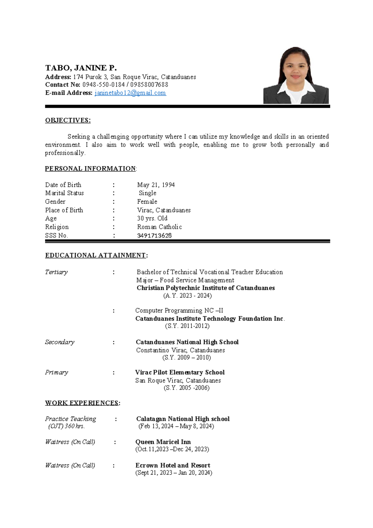 Resume - cccvgfcrt - TABO, JANINE P. Address: 174 Purok 3, San Roque ...