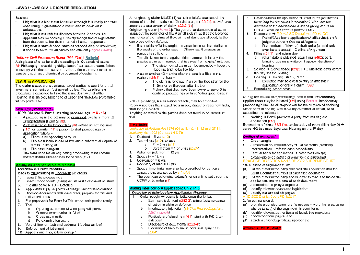CDR notes week 1 - 4 Claim, Application and service - LAWS 11-325 CIVIL ...