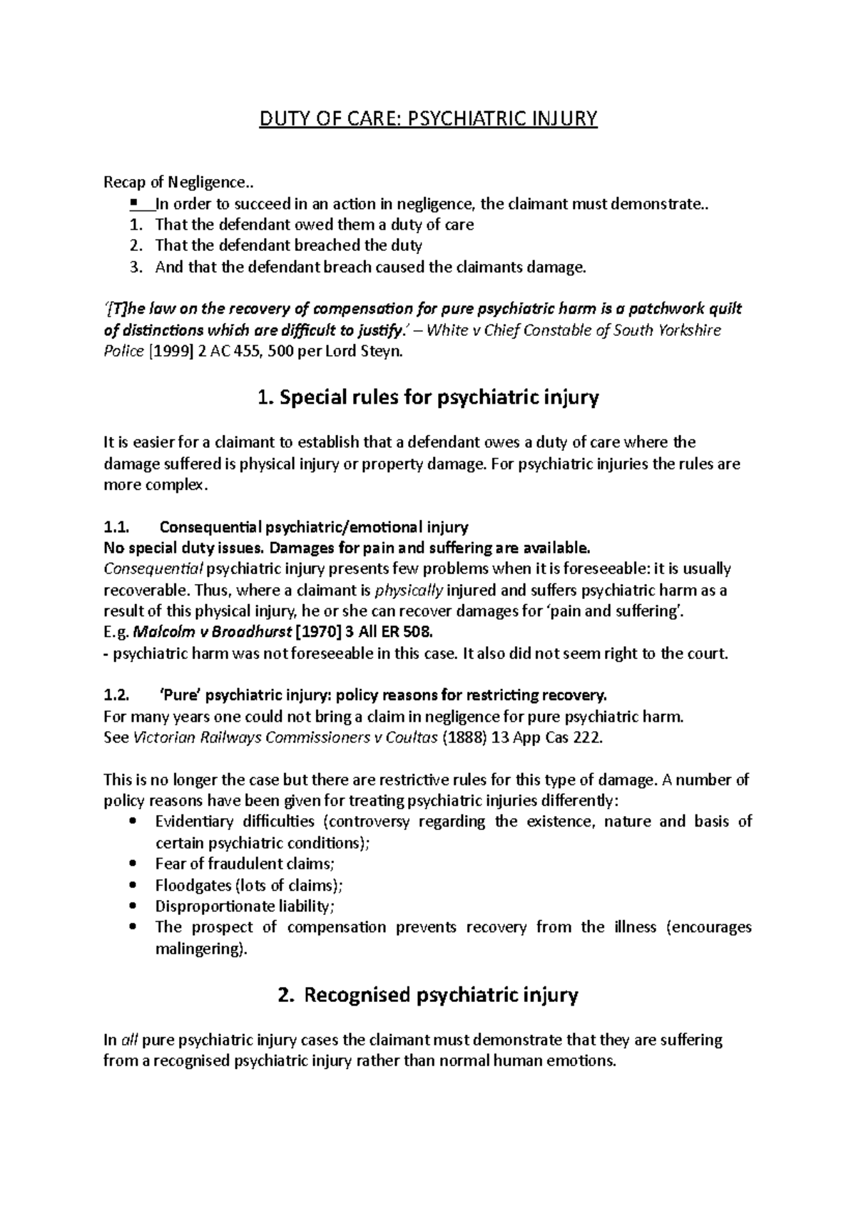 Law of Tort Psychiatric Injury DUTY OF CARE PSYCHIATRIC INJURY