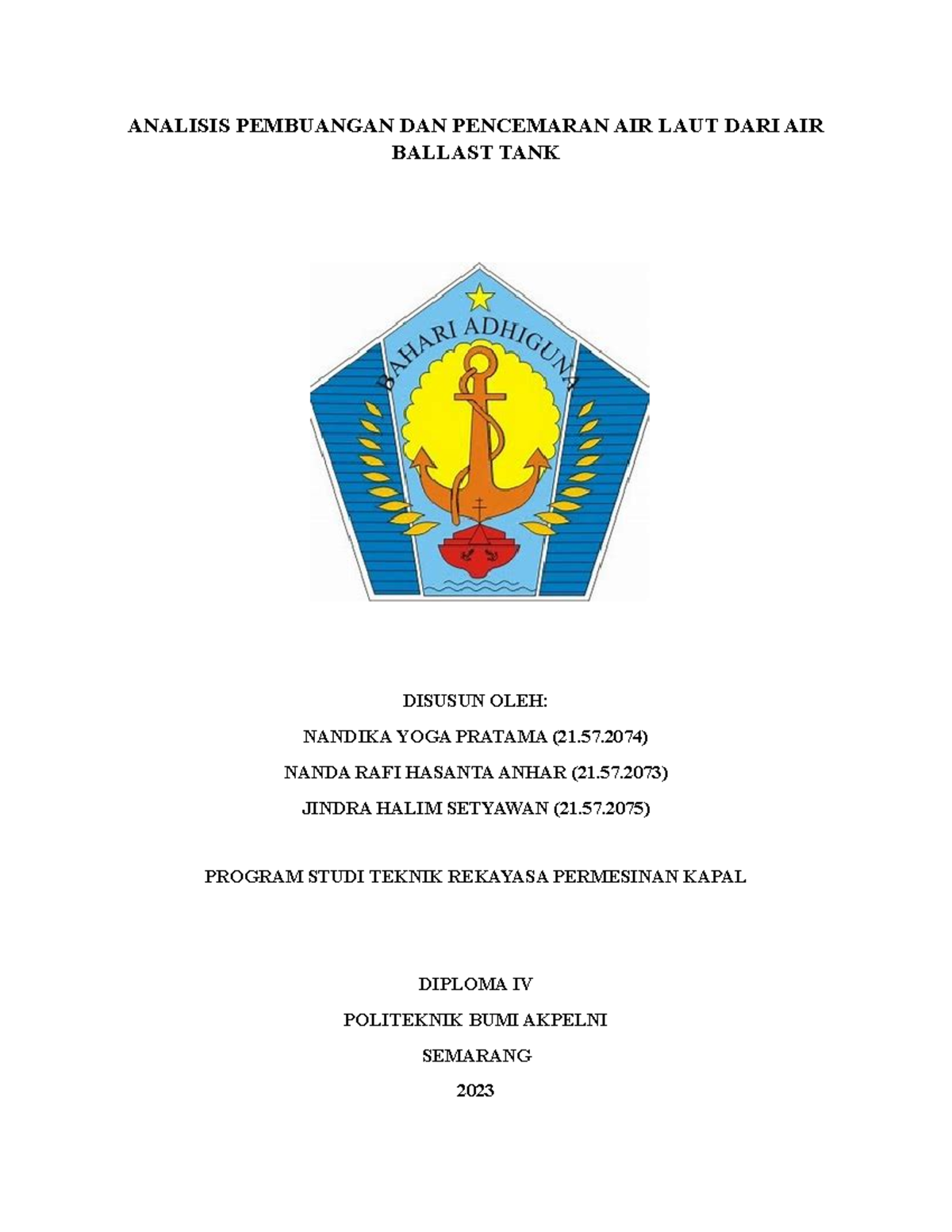 Kelompok Pencemaran LAUT DARI Ballast TANK ANALISIS PEMBUANGAN DAN