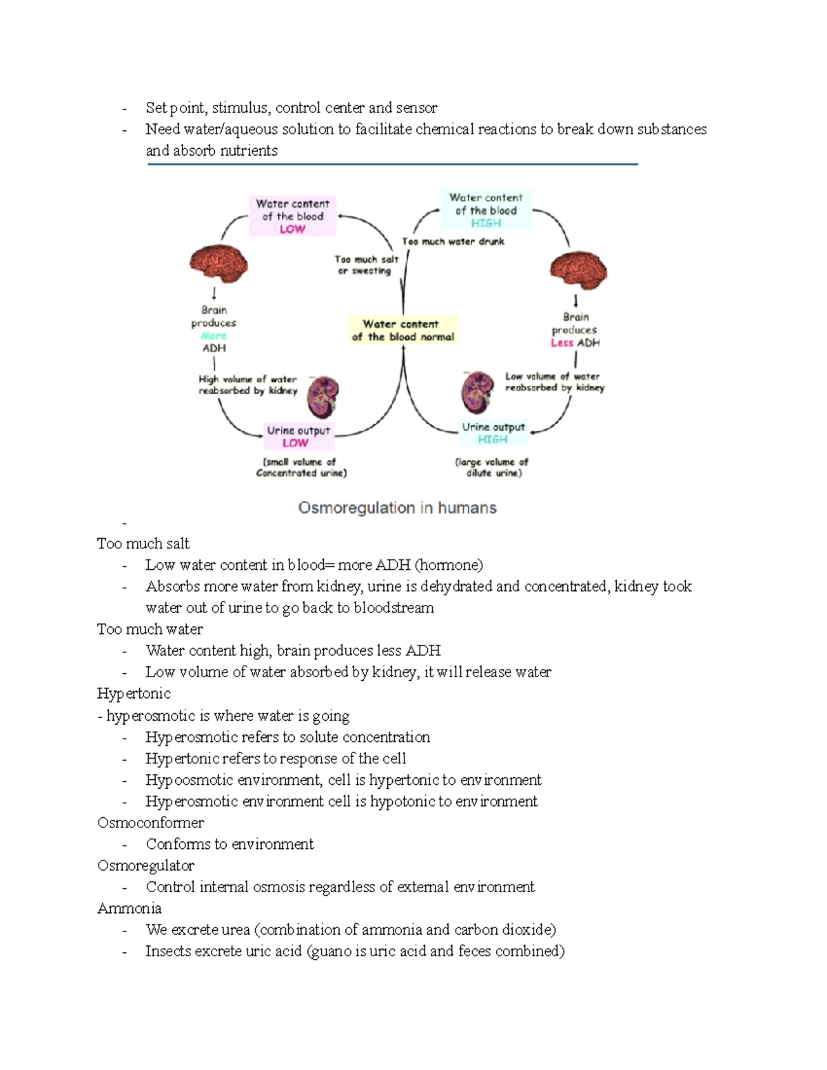 Homeostasis Set point, stimulus, control center and sensor Need water