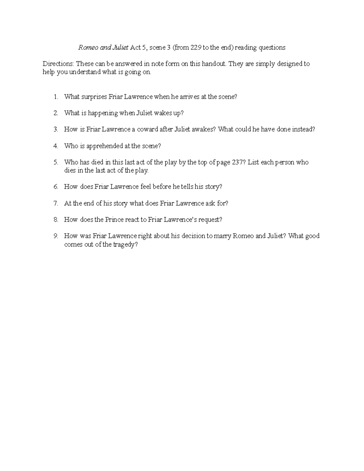 Romeo and Juliet Act 5, scene 3 (from 229 to the end) reading questions ...