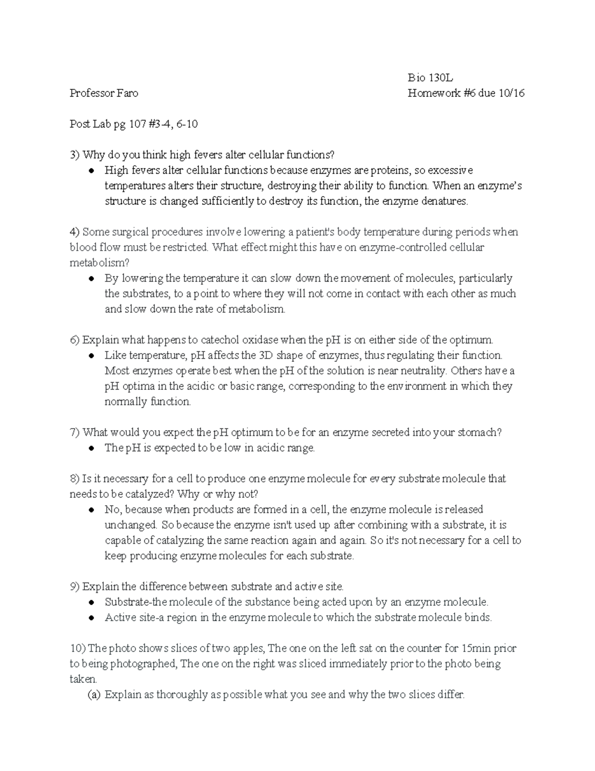 Bio 130L Homework #6 Professor Faro - Bio 130L Professor Faro Homework ...