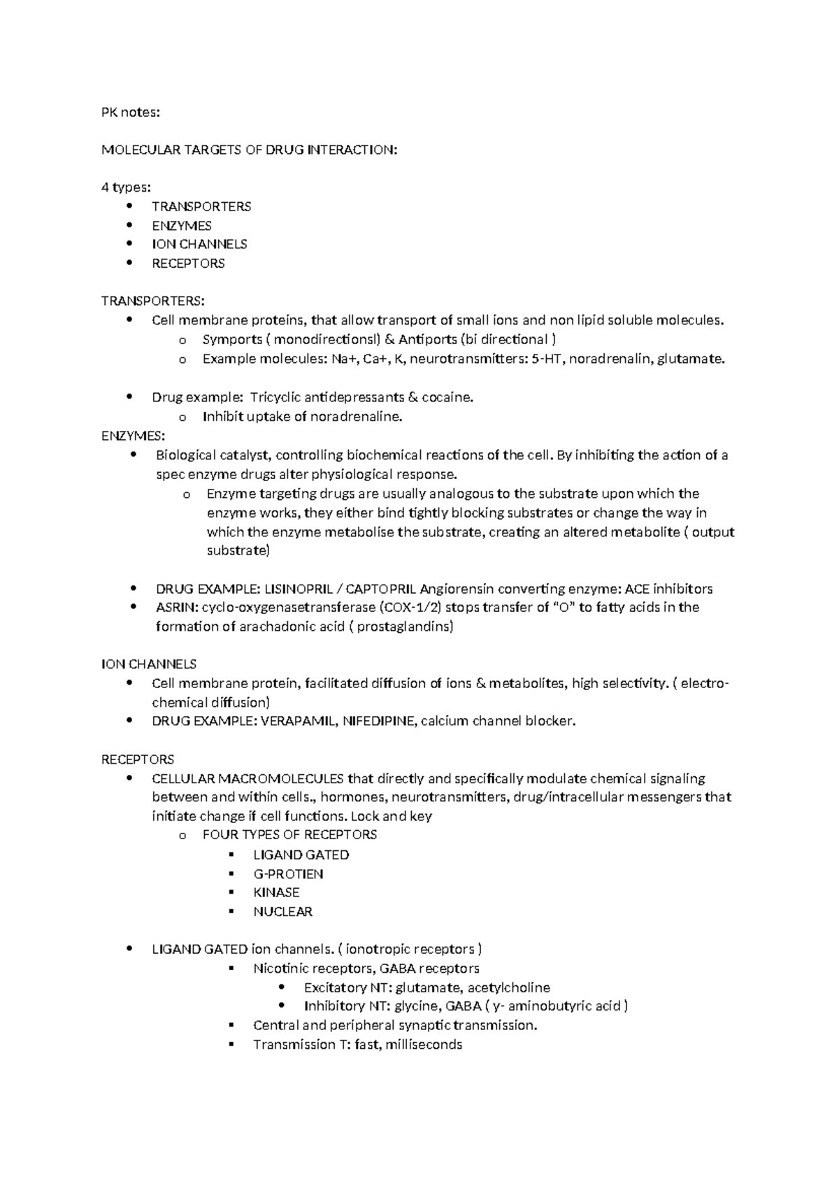 W1-PK-Notes copy - xxx - PK notes: MOLECULAR TARGETS OF DRUG ...