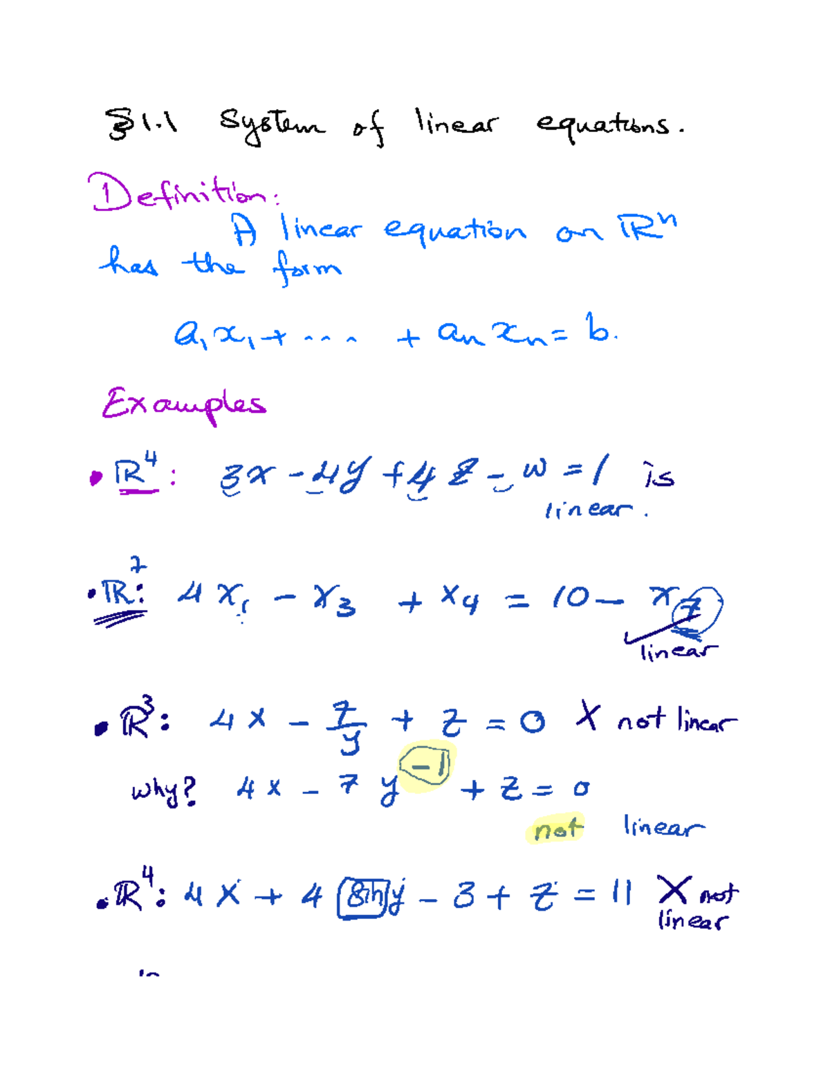 Linear Algebra Notes System of linear equations Definition A linear