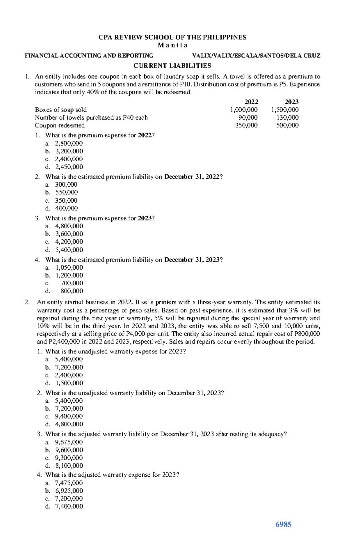 6985 - Current Liabilitites - 6985 CPA REVIEW SCHOOL OF THE PHILIPPINES ...