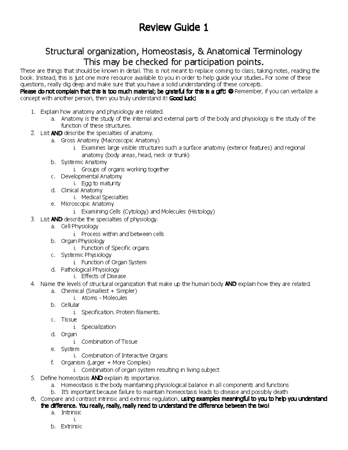 Review Guide 1 Structure Homeostasis Organization - Review Guide 1 ...