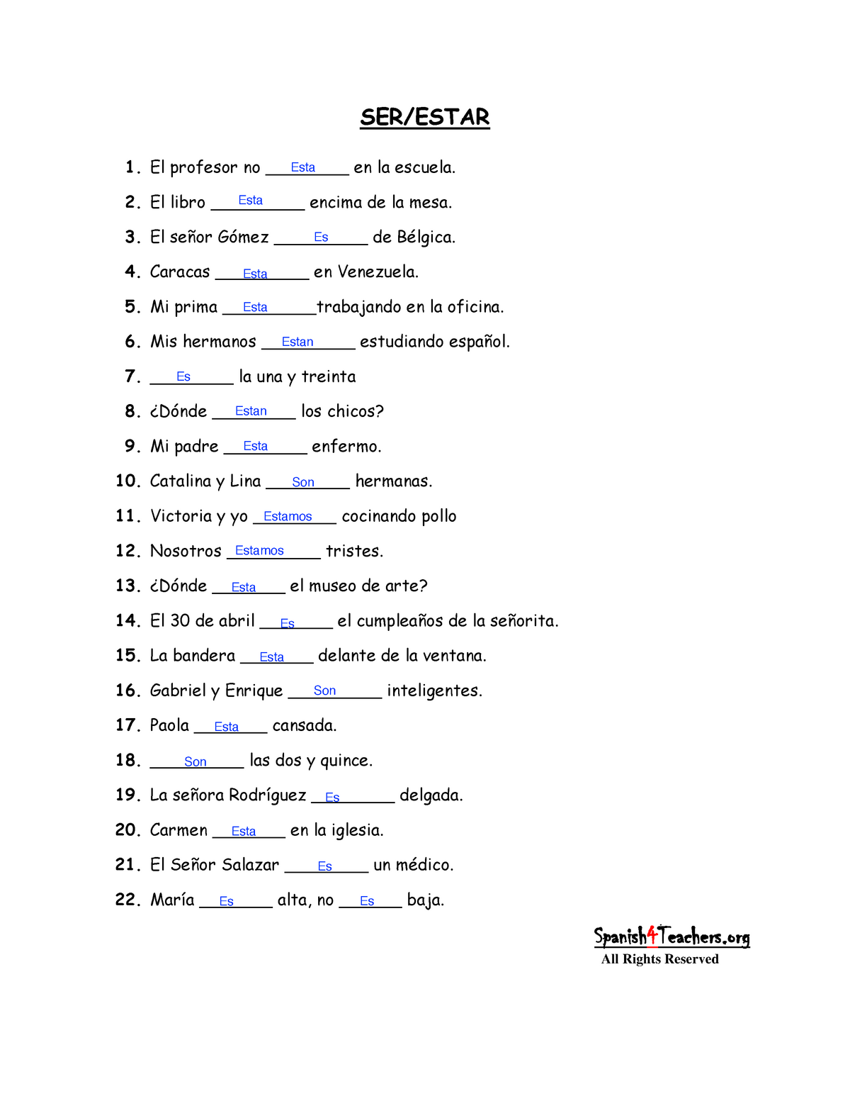 Spanish Ser Estar Worksheet - SER/ESTAR El profesor no ______ en In Ser Estar Worksheet Answers