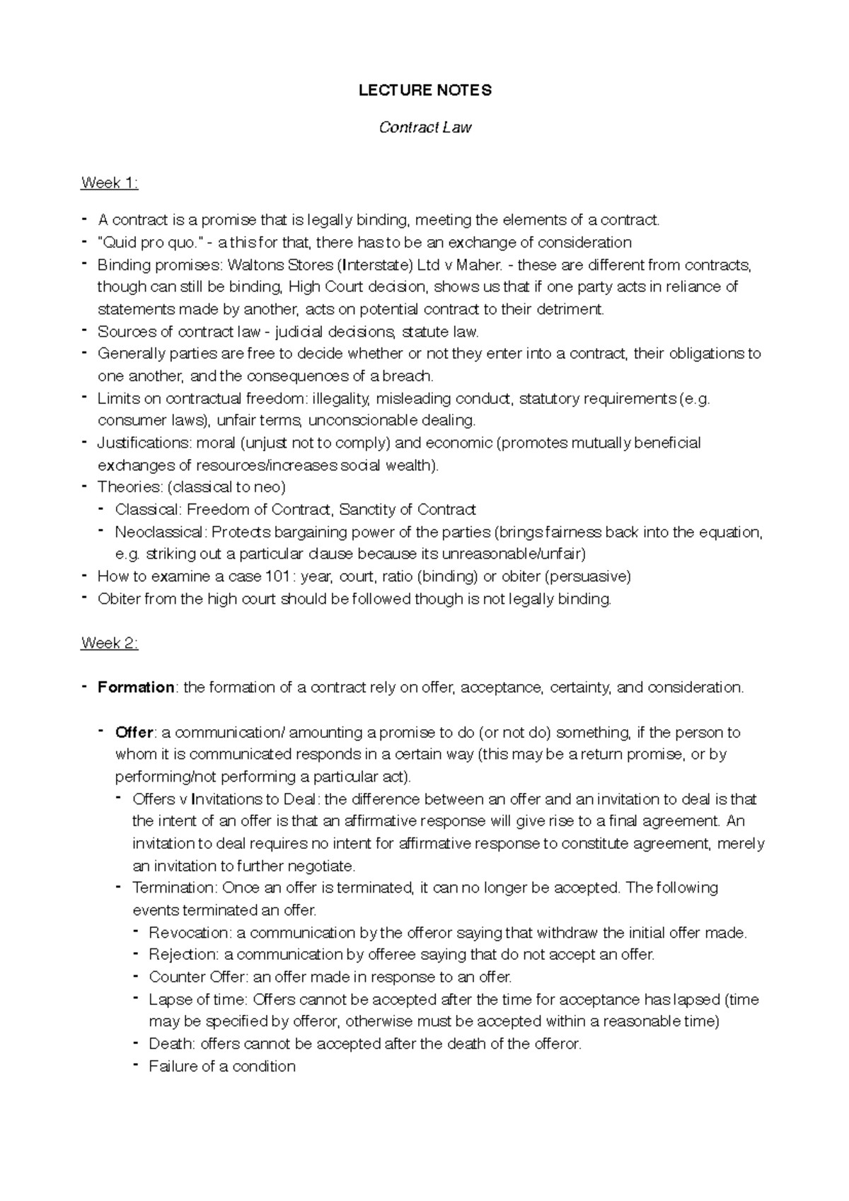 Contracts notes - LECTURE NOTES Contract Law Week 1: A contract is a ...