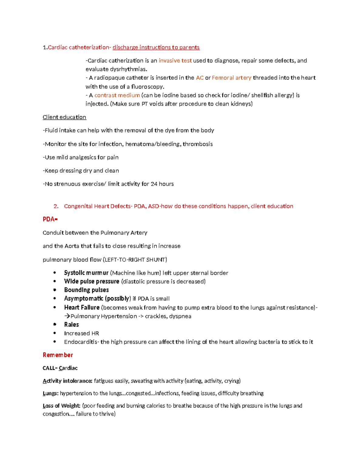 Week 3 - 1 catheterization- discharge instructions to parents -Cardiac ...