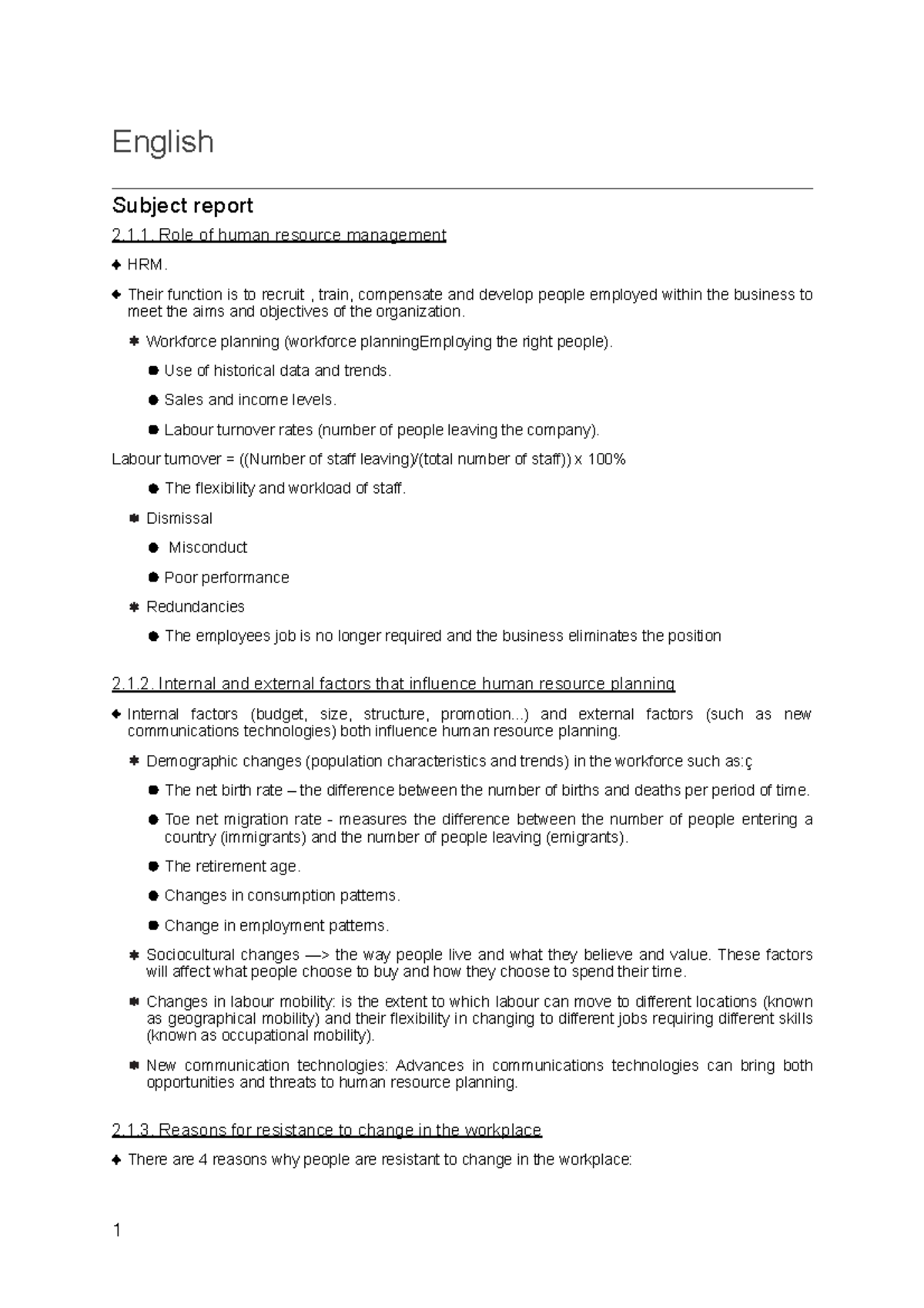 Subject Report -     - English Subject Report 2.1. Role Of Human 