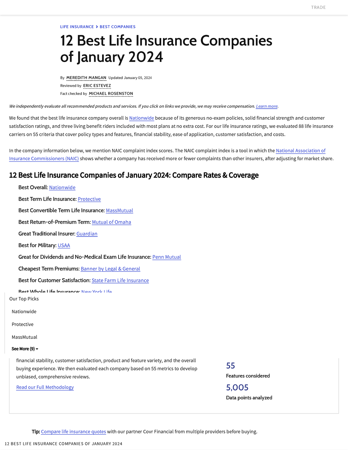 12 Best Life Insurance Companies of January 2024 Compare Rates