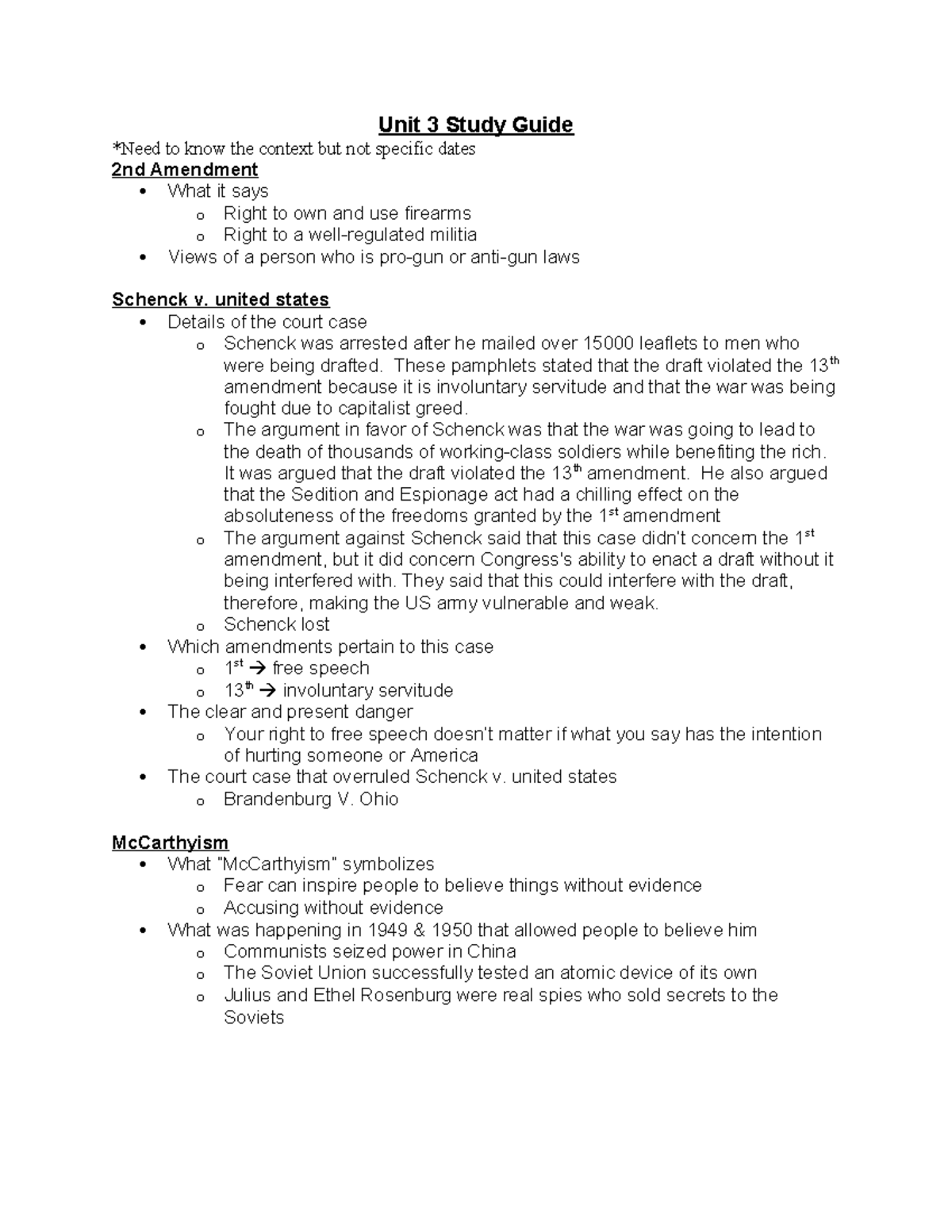 Unit 3 Study Guide - unit 3 - Unit 3 Study Guide *Need to know the ...