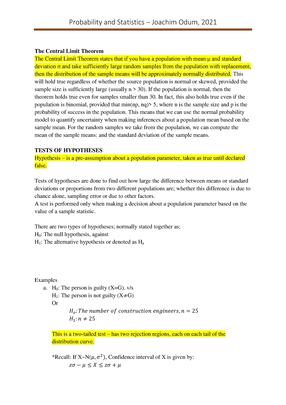 LEC 9 EECI 2102 Probability AND Statistics 09 - The Central Limit ...