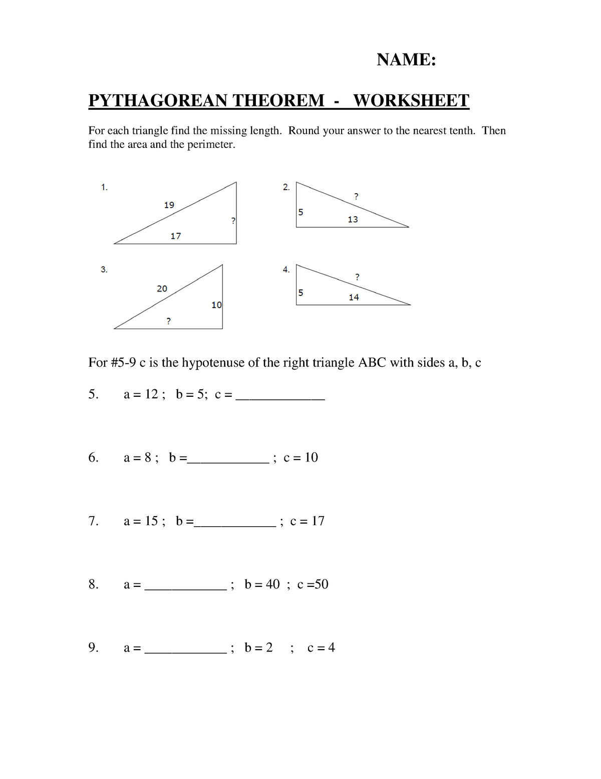 Pythagorean Theorem Test - NAME: PYTHAGOREAN THEOREM - WORKSHEET With Pythagorean Theorem Worksheet With Answers